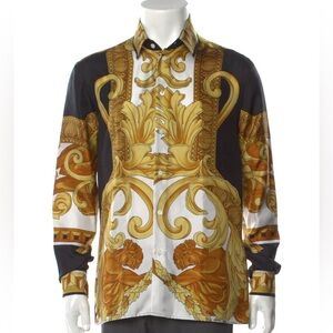 Versace men’s Medusa baroque Barocco monogram print silk button down silk shirt